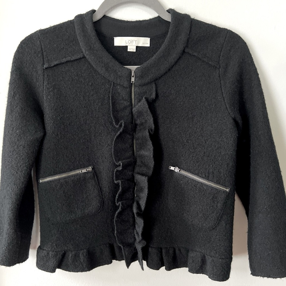 LOFT Black XXSP Petite 100% Merino Wool Zip Blazer/Jacket Ruffle Front